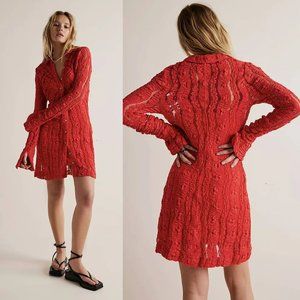 NWT New $158 Free People Red Shayla Lace Long Sleeve Cotton Mini Dress Size XS